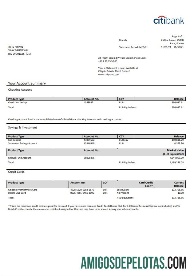 Exemplo de extrato bancário do Citibank da França